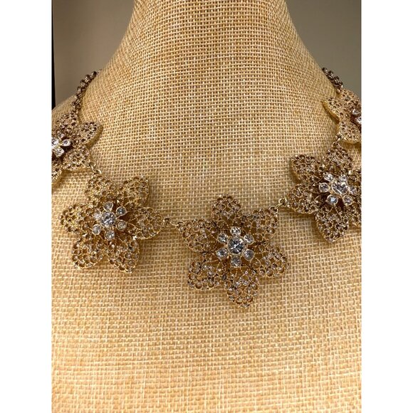 Ann Taylor Gold-Tone Floral Statement Necklace With Crystal Accents Adjustable C - Picture 2 of 11